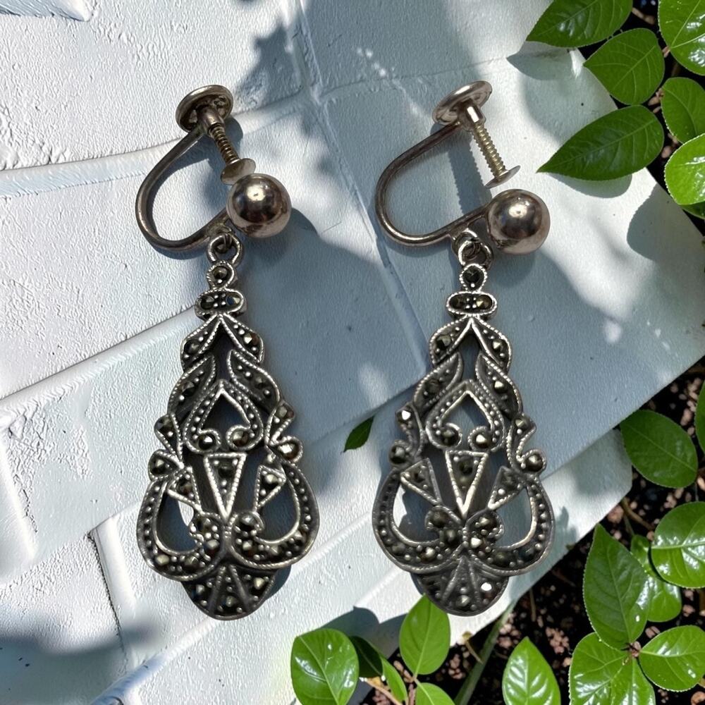 Vintage Art Deco Marcasite Sterling Silver Dangle Earrings Screwback Teardrop